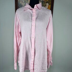 Lauren RL 100% Linen Button Up Blouse Top Women's LG Pink Roll Tab Office Casual